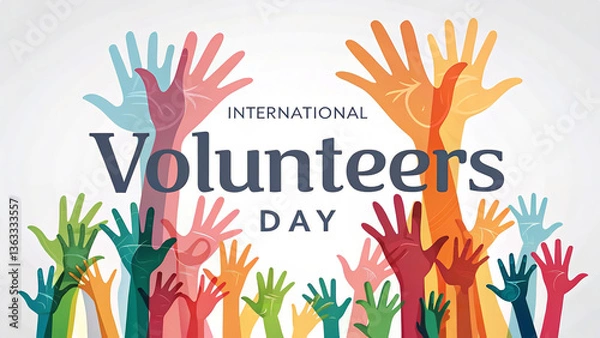 Fototapeta International volunteers day illustration with colorful hands raised in celebration and support