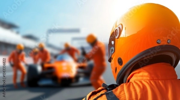 Fototapeta Race Day Pit Stop Blurred Action, Orange Helmet Focus, Formula 1, Motorsport Formula 1, Motorsport