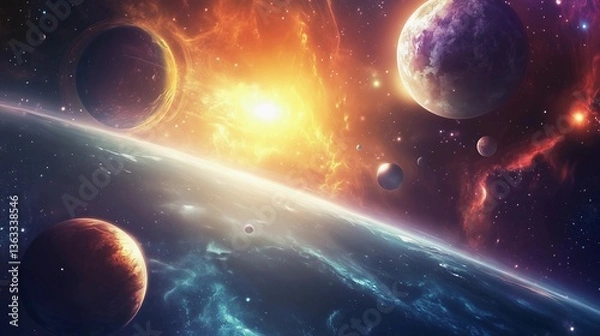 Obraz A colorful space scene with a sun in the middle and planets surrounding it. The planets are of different sizes and colors, and the sun is shining brightly