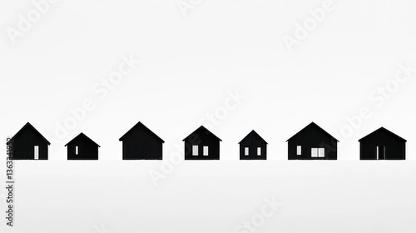 Obraz Seven black house silhouettes line a plain, white background. Ideal for design use