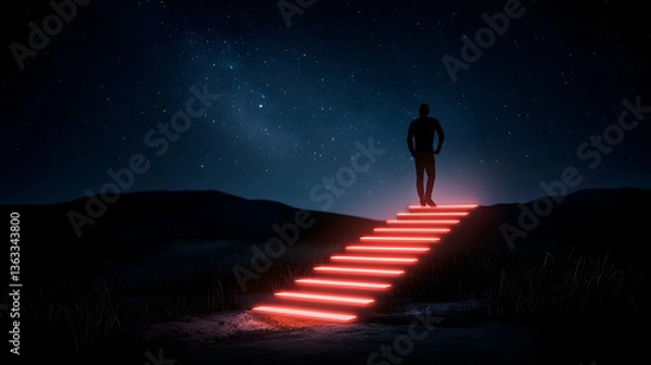 Obraz Silhouette of a Man Ascending Glowing Red Steps at Night Under a Starry Sky