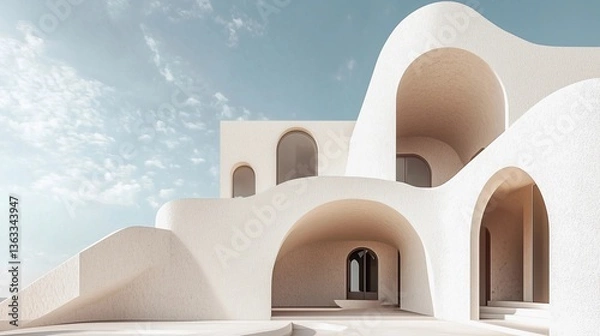 Obraz A white building with arched windows and a large archway. The building is very tall and has a lot of windows