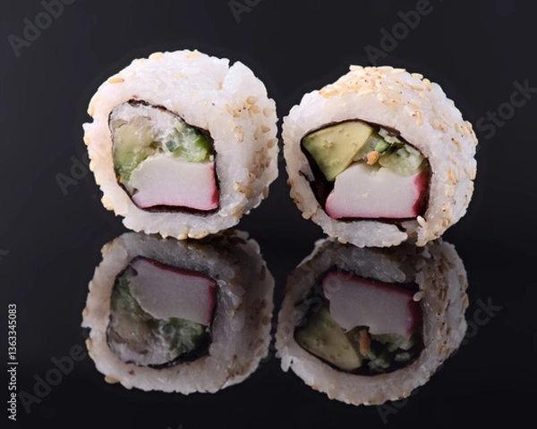 Fototapeta Two california sushi rolls with sesame seeds reflecting on dark background