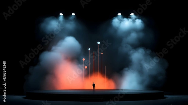 Obraz Silhouette of Person on Stage with Blue and Orange Lighting and Smoke