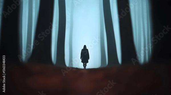 Obraz Silhouette of Person Walking in Foggy Blue Forest