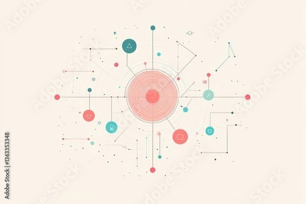 Obraz Abstract network diagram illustrating interconnectedness and data flow using geometric shapes and lines.
