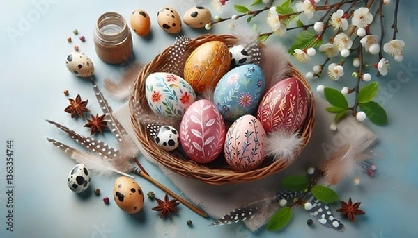 Obraz basket with colorful easter eggs 	