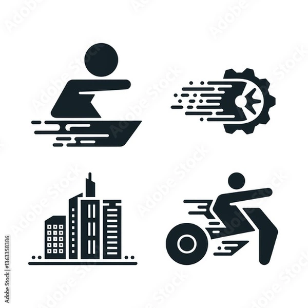 Fototapeta Dynamic icons representing sports and urban life: a swimmer, a gear in motion, a city skyline, and a cyclist