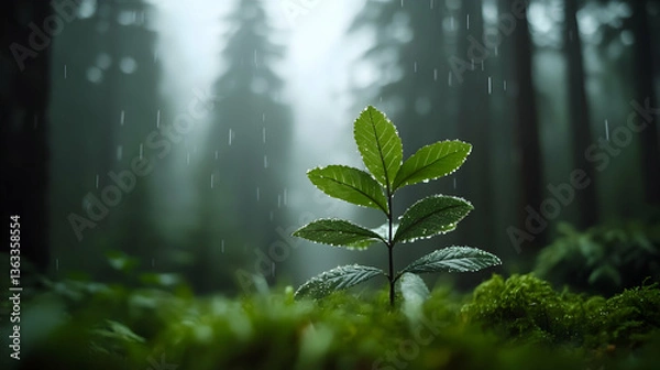 Obraz Small Green Plant Growing in Rainy Rainforest