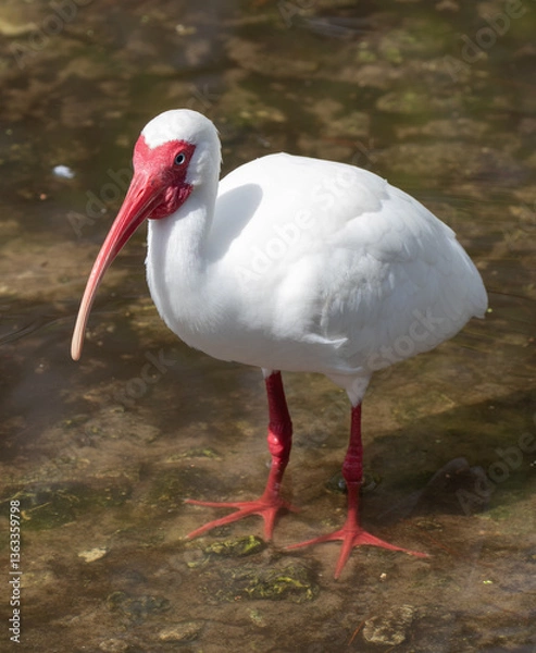 Fototapeta Views of a White Ibis bird on a mud flat