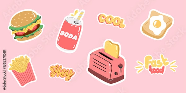 Obraz Collection of stickers food. Burger, soda, french fries, toast with egg. Perfect for menu or food package design. Hand drawn vector illustration on pink background