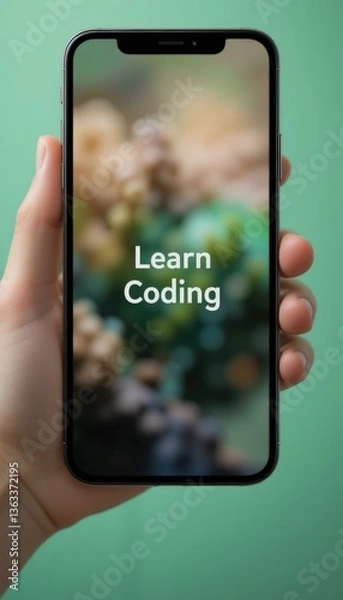Fototapeta Modern Hand Holding Smartphone 'Learn Coding' Text Soft-Focus Green Brown Bokeh Background - Online Coding Courses Tech Education Concept
