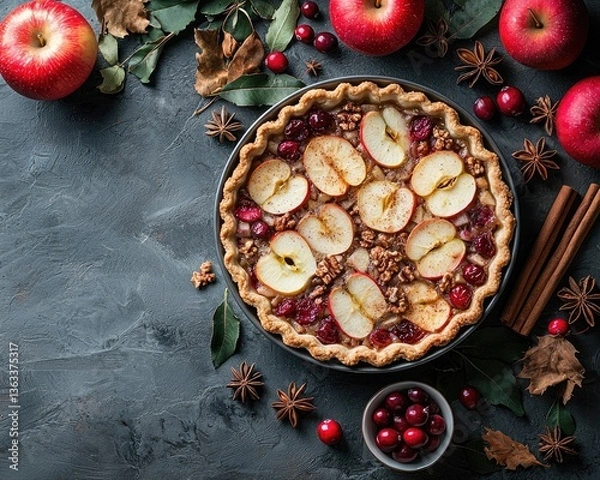 Fototapeta Freshly baked apple cranberry pie surrounded by apples and spices on a rustic table