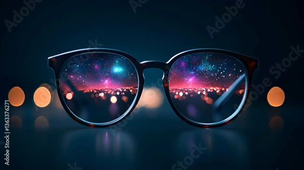 Obraz Spectacles Reflecting a Night Cityscape and Cosmos