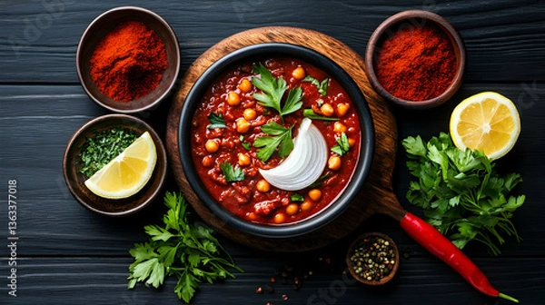 Obraz Spicy Red Chickpea Stew with Parsley and Lemon on Dark Wooden Table