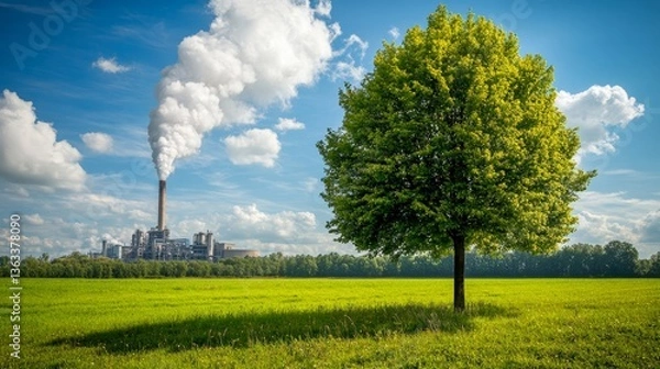 Fototapeta Industrial plant releases smoke into the sky with green tree in foreground amidst a vibrant field under blue skies
