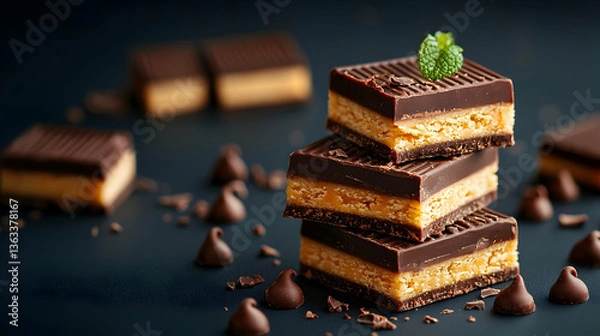 Fototapeta Stacked Dark Chocolate Caramel Candy Squares on Dark Background