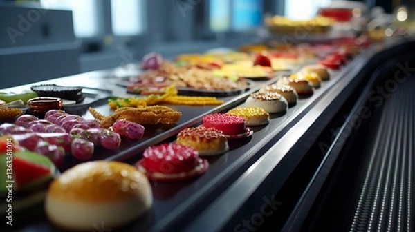 Fototapeta 3D-printed food on a conveyor belt
