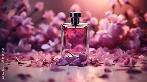 Fototapeta A photo of a bottle of perfume surrounded by flower