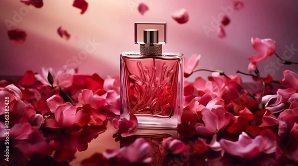 Fototapeta A photo of a bottle of perfume surrounded by flower