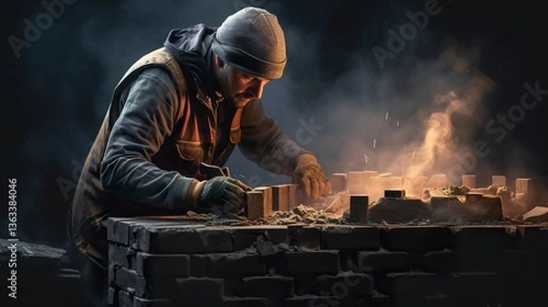 Fototapeta A photo of a bricklayer constructing a fireplace.