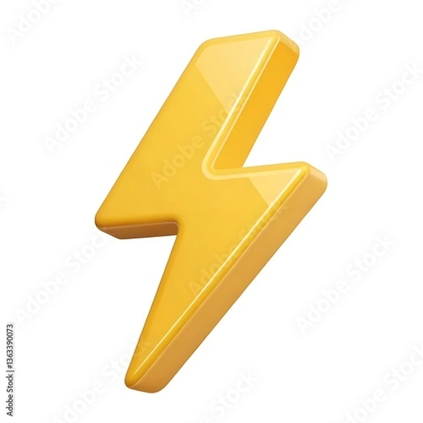 Fototapeta A vibrant yellow lightning bolt symbolizing swift energy and power, rendered in a glossy 3D style against a clean white background.