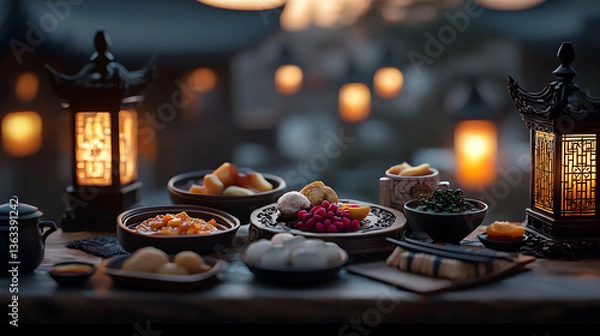 Fototapeta Warm Evening Dinner Setting with Asian Cuisine and Lanterns