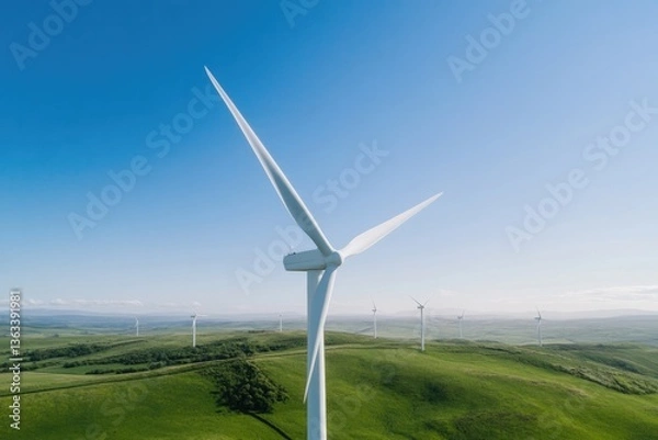 Fototapeta wind farm stretching across rolling hills with turbines gently spinning against blue sky showcasing sustainable energy