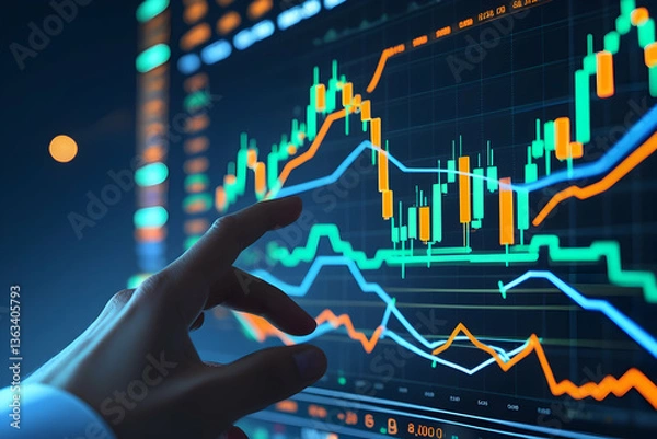 Fototapeta A close-up of a hand pointing at a financial chart displaying various data analytics and market trends,new age touching a growth graph and business plan on a virtual screen with a financial chart.