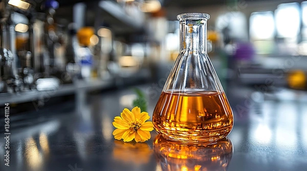 Fototapeta Orange liquid in a lab flask surrounded by flowers during daylight hours in a scientific environment