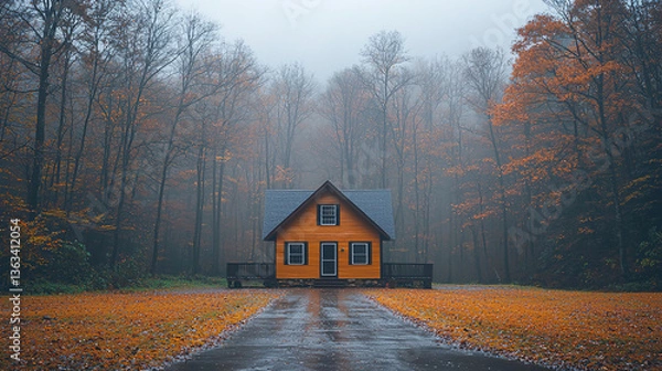 Fototapeta Cozy orange cabin surrounded by autumn trees on a foggy day in the forest