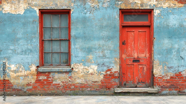 Fototapeta Weathered blue wall with a red door and window showcasing urban decay in a historic neighborhood