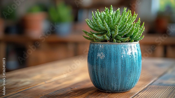 Fototapeta Potted succulent placed on a wooden table in a cozy indoor setting with soft lighting