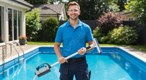 Obraz Pool repair worker smiling with cleaning equipment