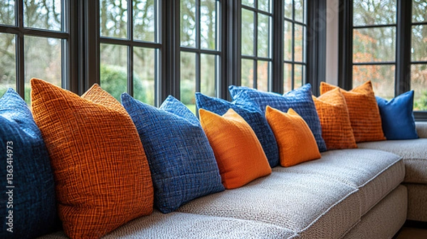 Fototapeta Brightly colored cushions adorn a cozy sofa by large windows in a tranquil setting