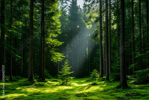 Fototapeta Sunbeams illuminate a lush, mossy forest floor, with tall evergreen trees casting shadows