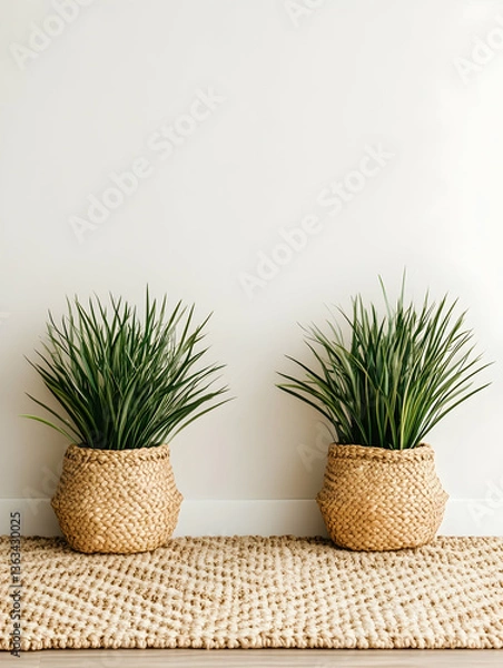 Obraz Two potted plants on a woven rug against a white wall