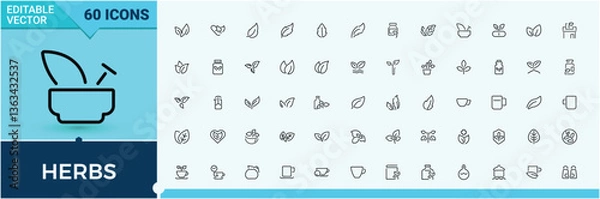 Fototapeta Herbs line icon. Contains such symbols as herb, leaf, spice, herbal and more. Minimal linear icons. Organic related icon. Editable stroke collections.