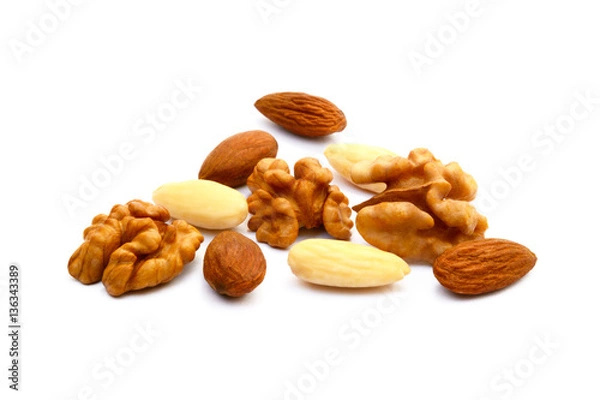 Obraz Almond and walnut isolated on white background