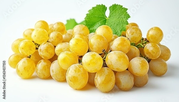 Fototapeta The grapes are arranged artfully, showcasing their plumpness and juicy texture. A single, vibrant green grape leaf adds a touch of freshness, enhancing the overall appeal of this still life image.