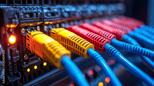 Obraz Close-up view of colorful network cables plugged into a server illuminating with lights.