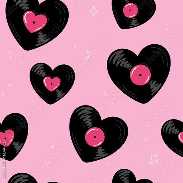 Fototapeta Vinyl records in a shape of a heart seamless pattern, background. Cute cartoon drawing