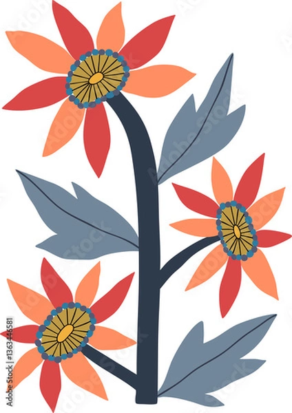 Fototapeta Abstract Groovy Modern Flowers and Leaves, scandinavian stily, flat illustration.