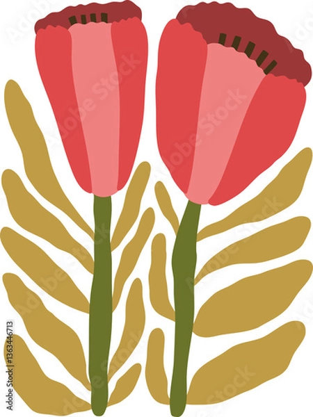 Fototapeta Abstract Groovy Modern Flowers and Leaves, scandinavian stily, flat illustration.