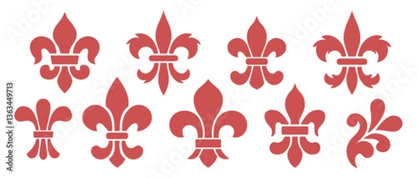 Obraz Set of stylized images of heraldic lily and iris of various shapes. Vector illustration of silhouette icons fleur-de-lis for coat of arms, emblem design.