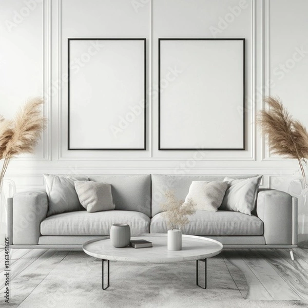 Fototapeta Modern living room with grey sofa, pampas grass, and two blank frames.