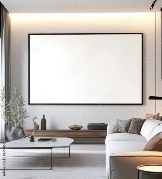Fototapeta Modern living room with large blank canvas above sofa.
