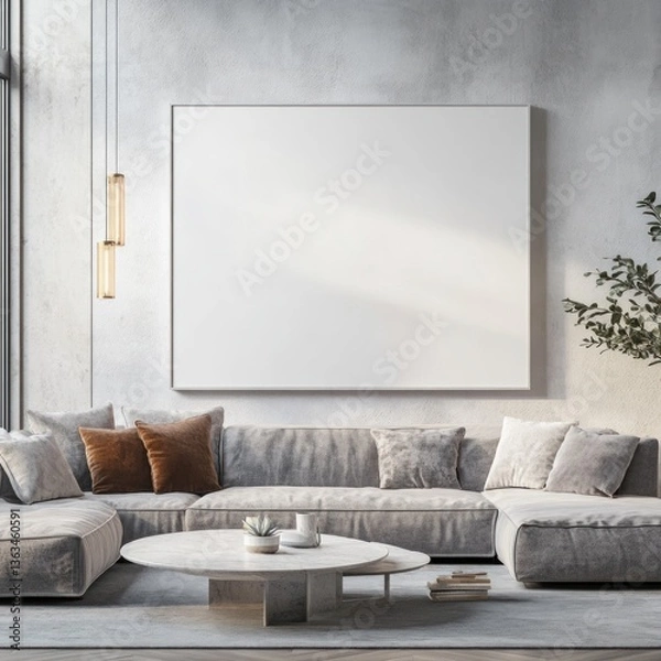 Fototapeta Modern living room with large blank canvas, sectional sofa, and coffee table.