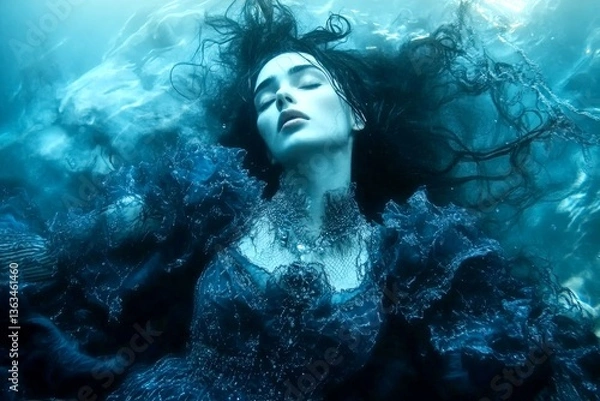 Fototapeta Metaphorical trapped underwater emotions of fear and despair. Abstract nightmare. Deep sleep horror. Eerie shadows. Trapped underwater - nightmares, bad dreams: abstract image of mental stat.