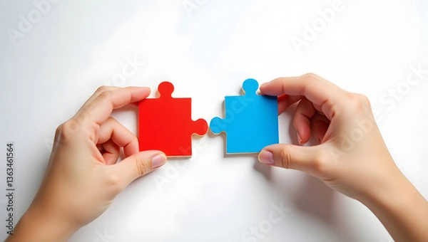 Fototapeta Hands about to join a red and blue jigsaw puzzle piece together. Concept for teamwork, solutions, collaboration and business strategy.